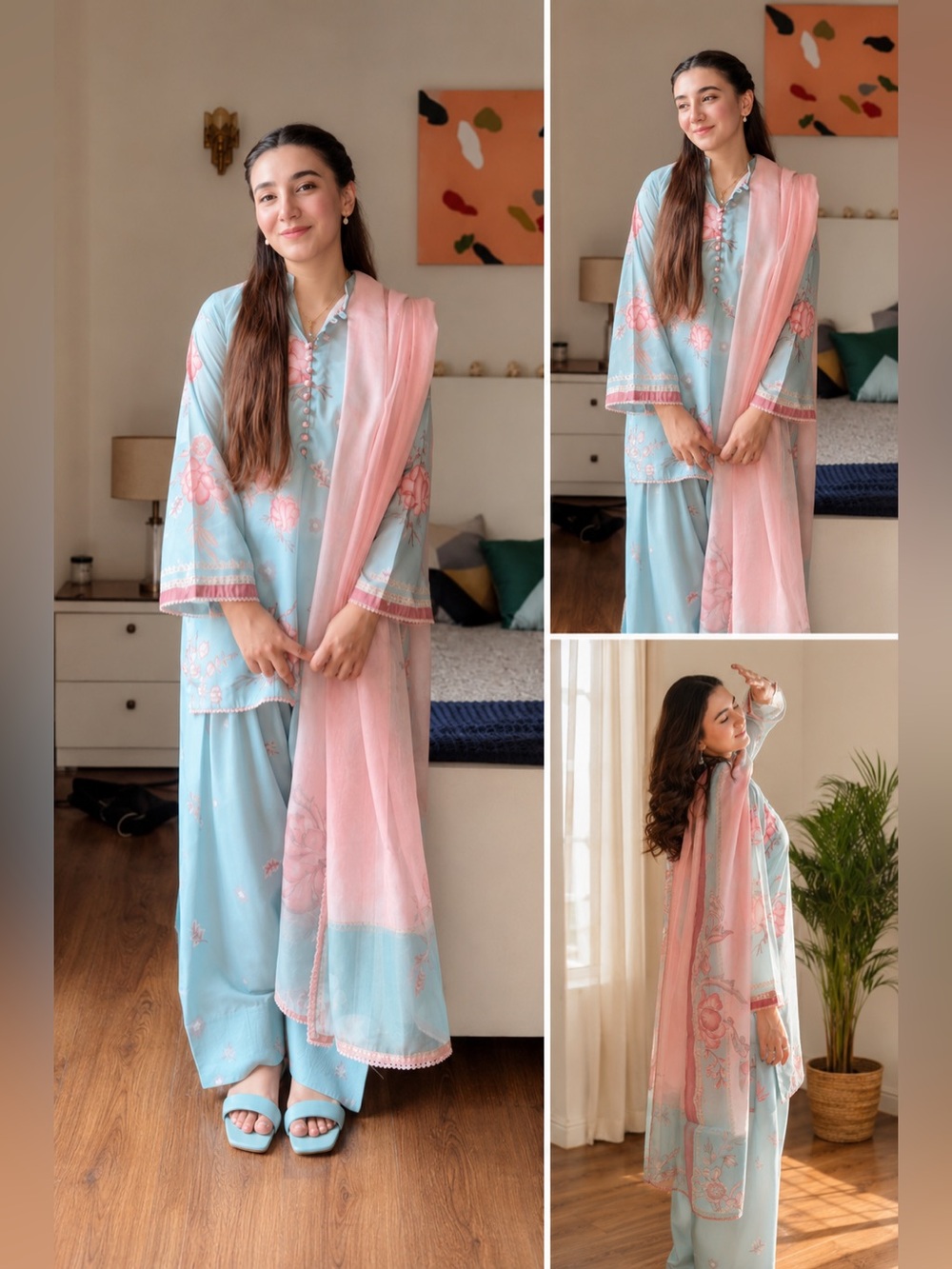 Women's Blue & Pink Floral farshi shalwar Set (3 piece)